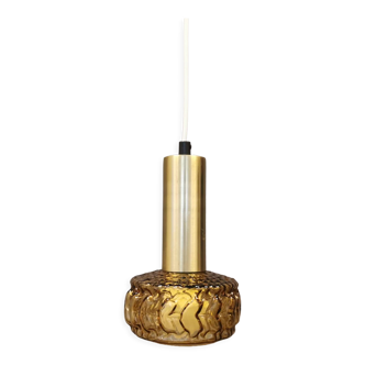 Hanging lamp, in amber/champagne coloured glass with golden lacquered aluminium top.
