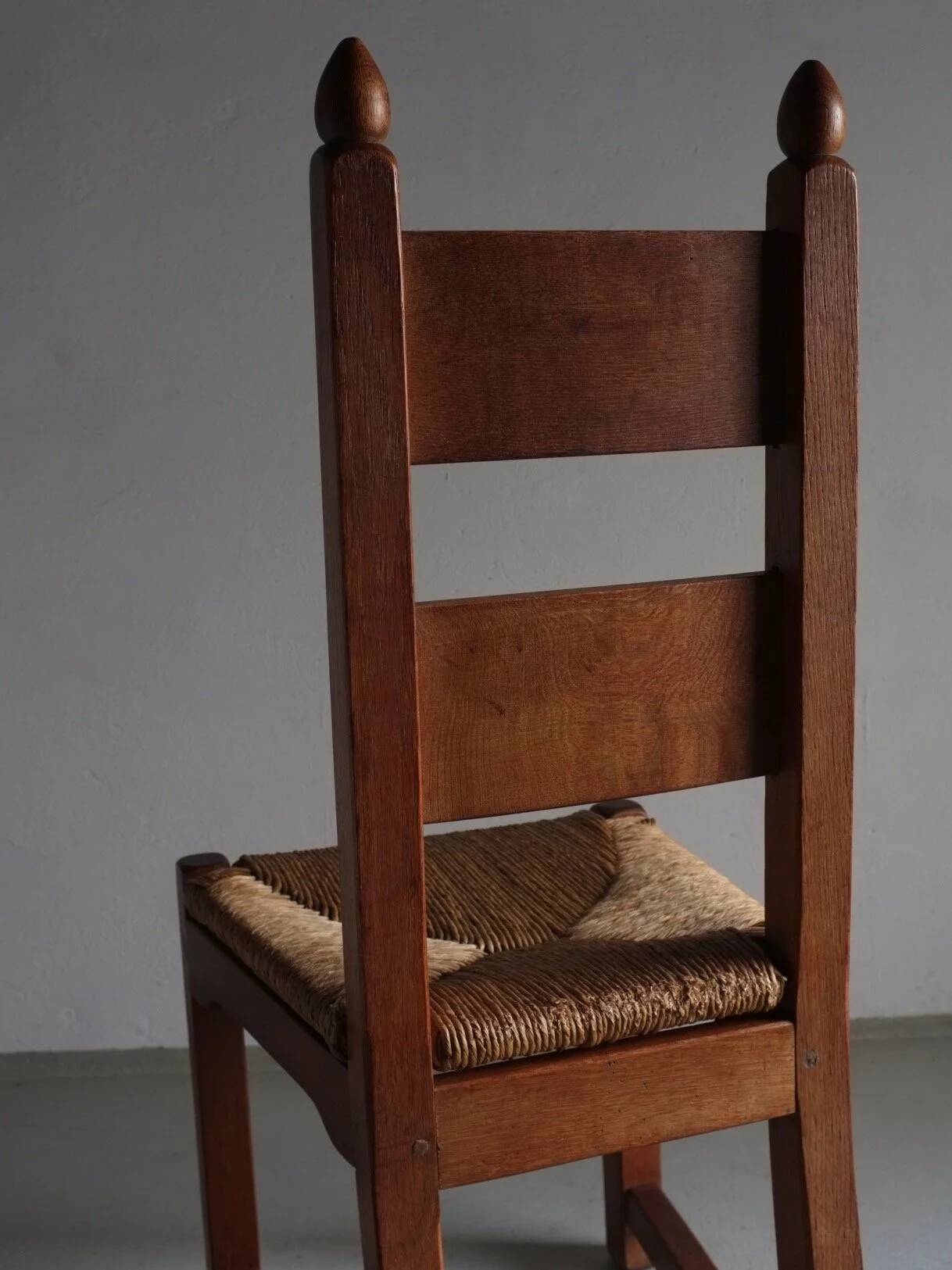 4 brutalist oak rush seat chairs | France | 1960s