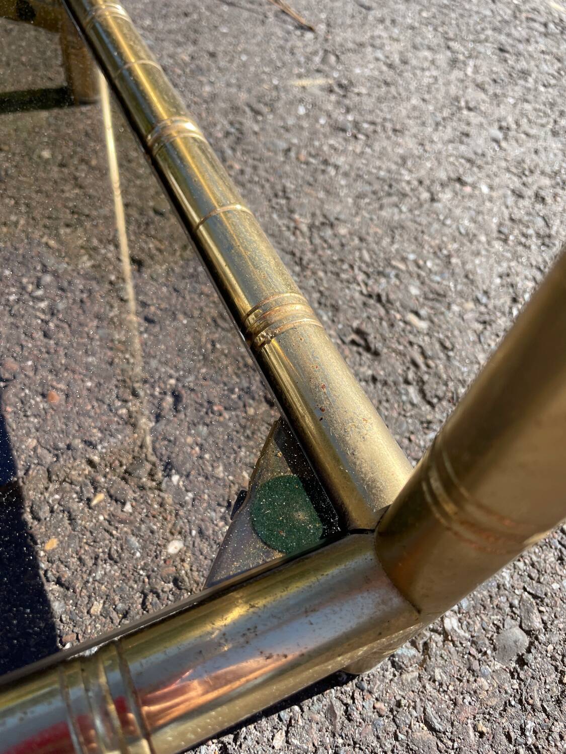 Square faux bamboo pedestal table in gold-plated brass and glass