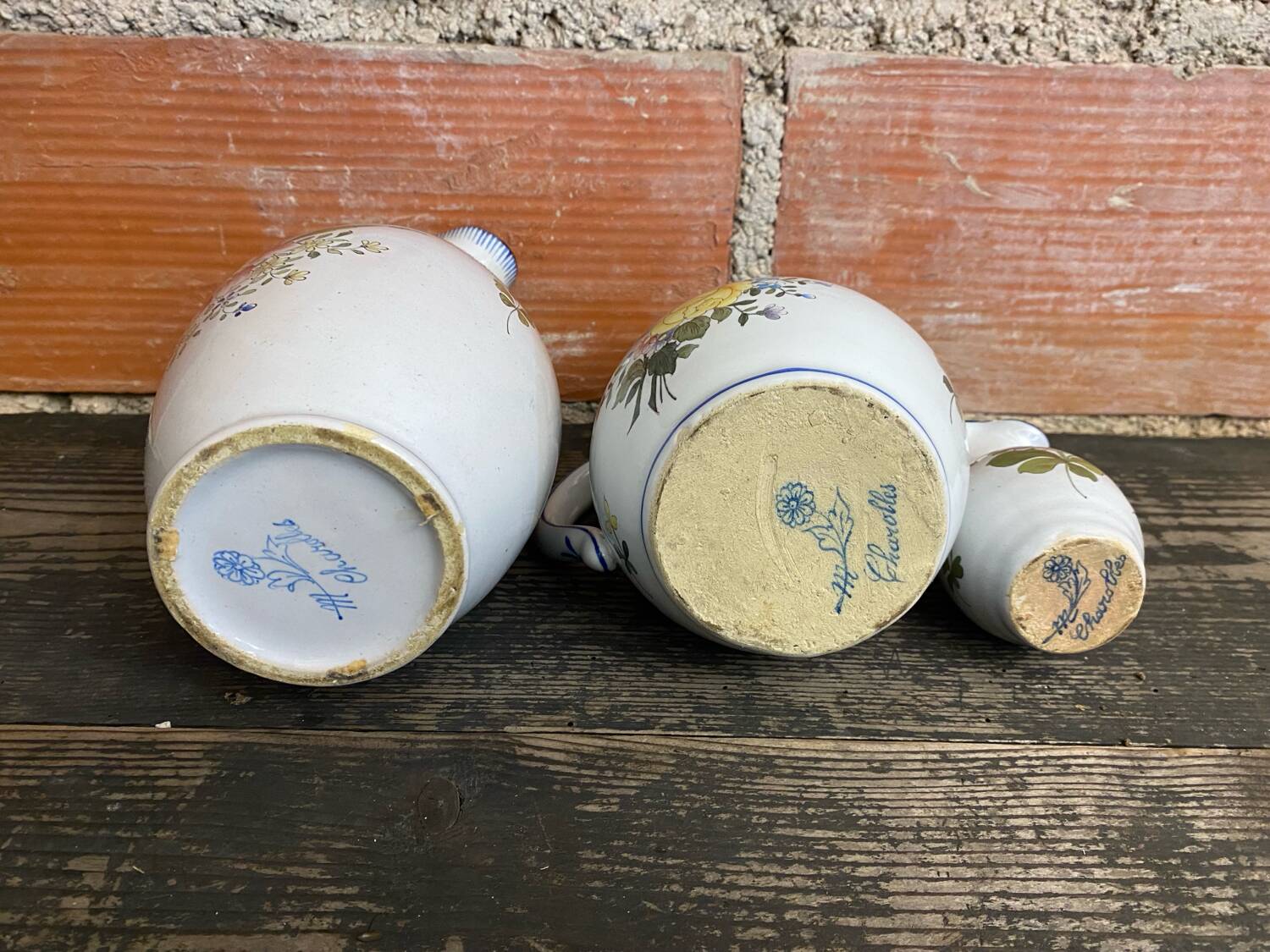 Pair of pitchers + vase charolles vintage painted earthenware