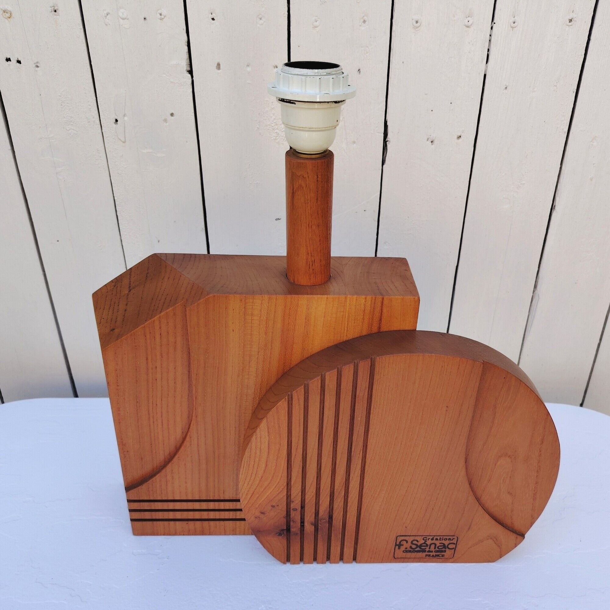 Large wooden lamp, geometric, 1970s design, F. Sénac
