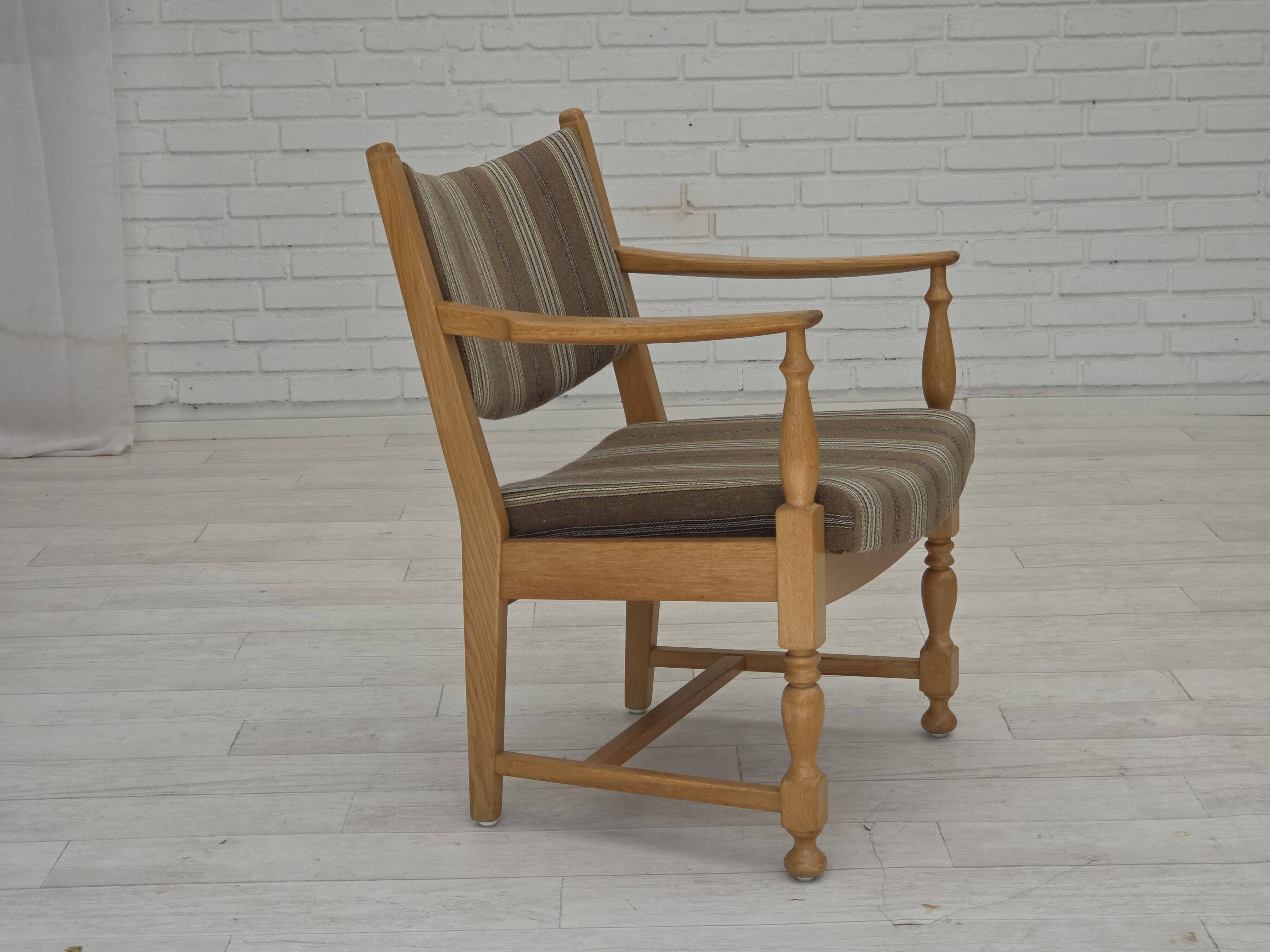 1970s, pair of Scandinavian armchairs, furniture wool, solid oak wood.