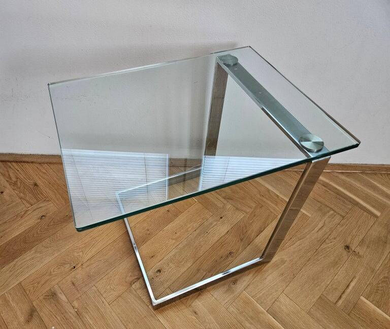 Midcentury Design Cantilevered Glass & Chrome Side Coffee Table, 1980s