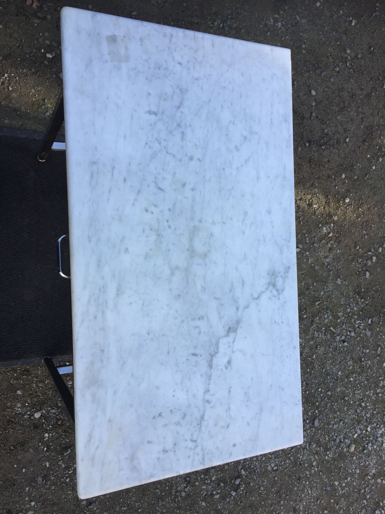 Vintage table with square chrome tubular metal base and marble top with 1 drawer.