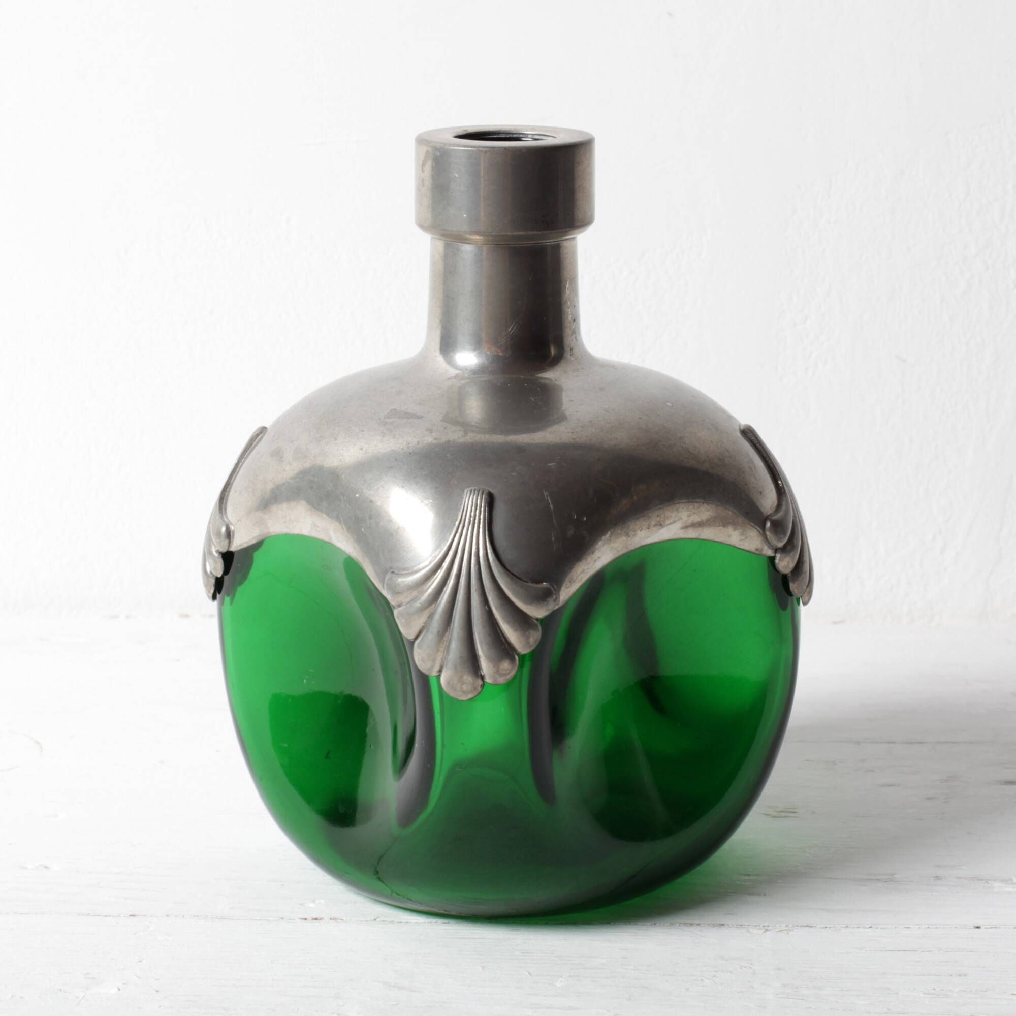 Art Nouveau Green Glass Decanter with Pewter Elements / France / 1960s