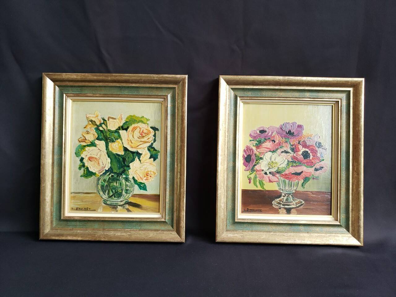 Pair of oils on panel "bouquet of yellow roses" and "bouquet of anemones"
