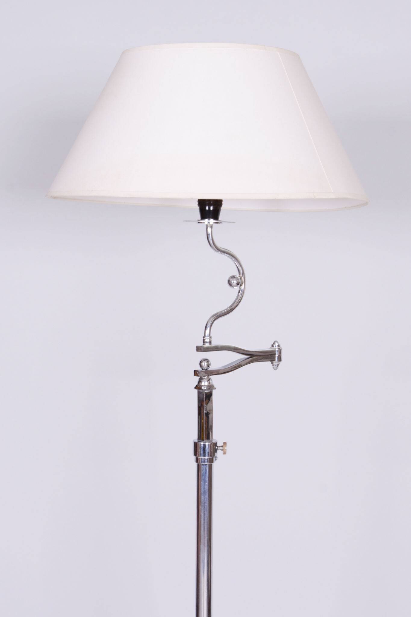 Czech Bauhaus Floor Lamp, Textile Lamp Shade, Chrom-Plated Steel, 1920s