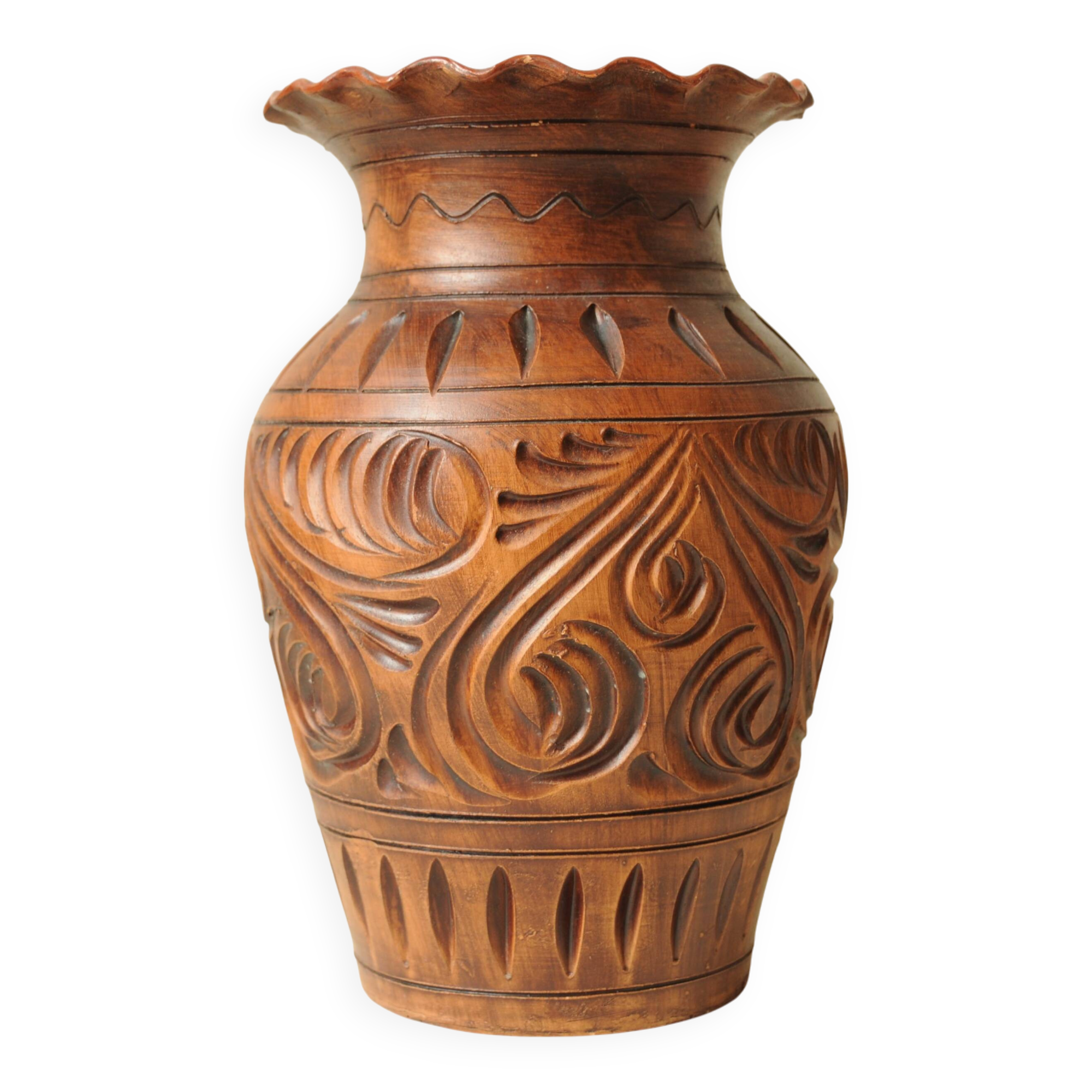 Wood effect sculpted ceramic vase