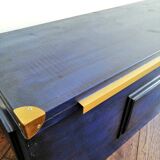 Coffre malle - banc en bois massif bleu Majorelle & laiton doré
