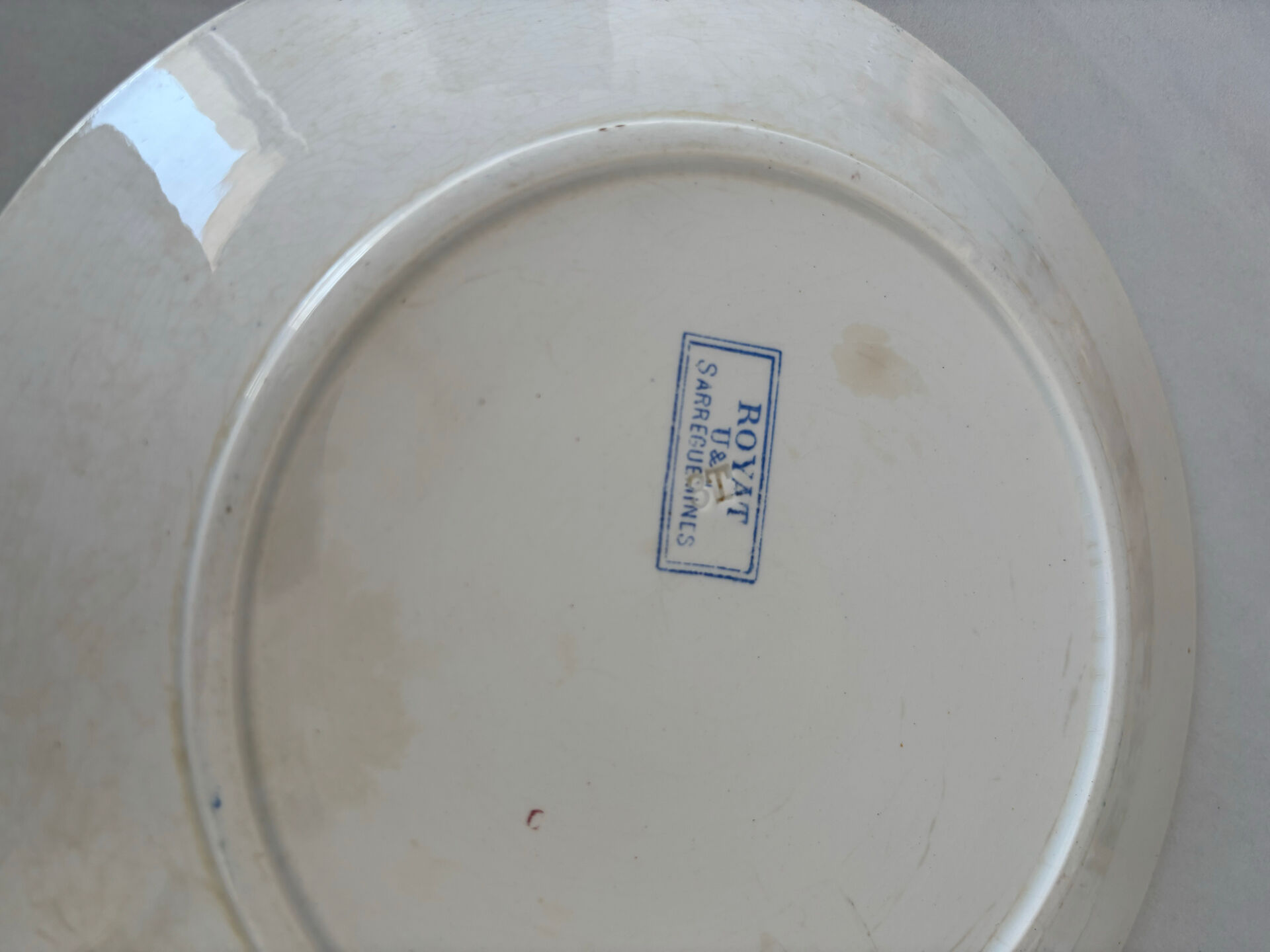 Old flat plate, light blue ironstone from Sarreguemines, model r.