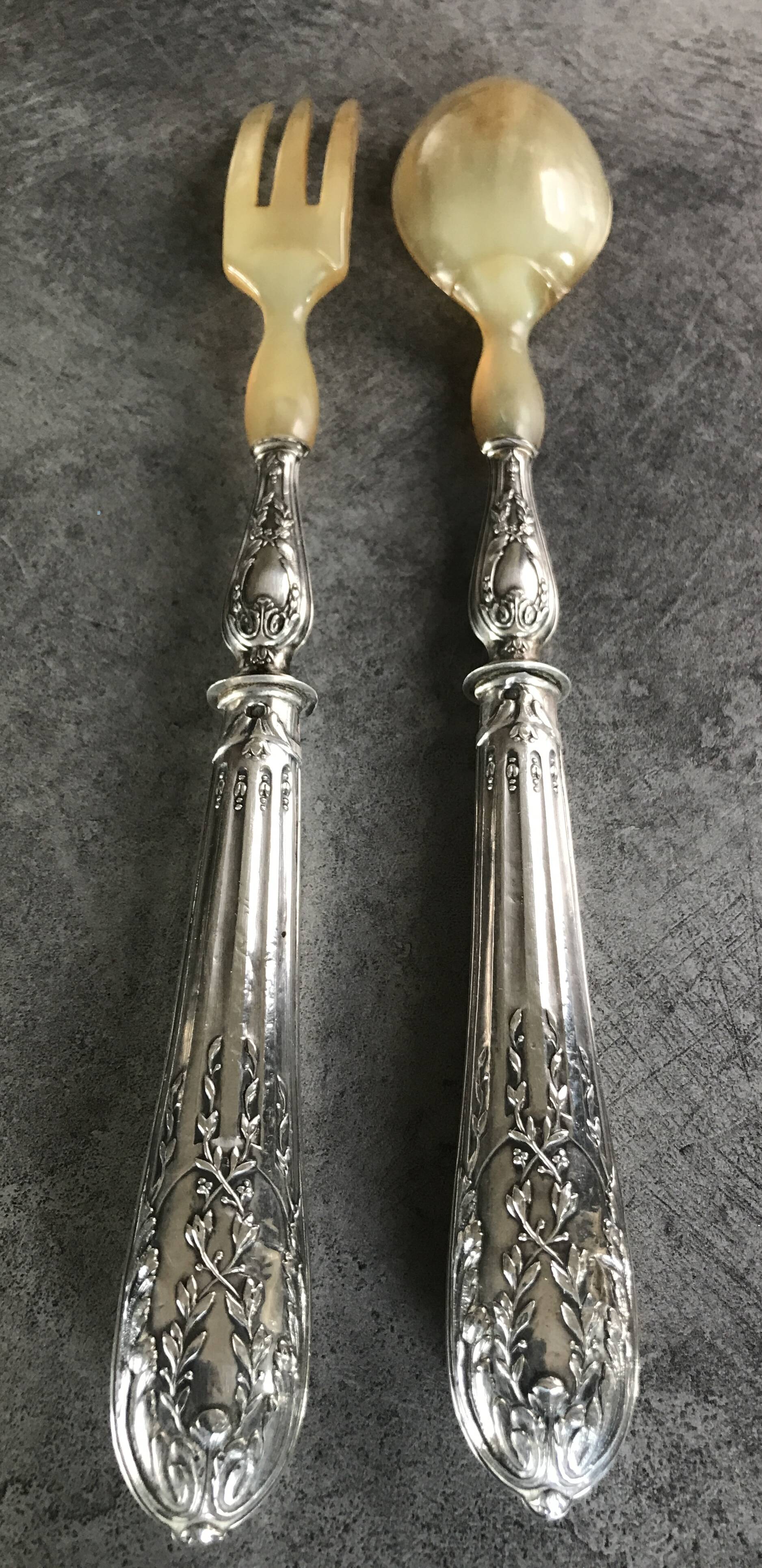 Serving cutlery, salad cutlery, in filled silver, minerva hallmarks