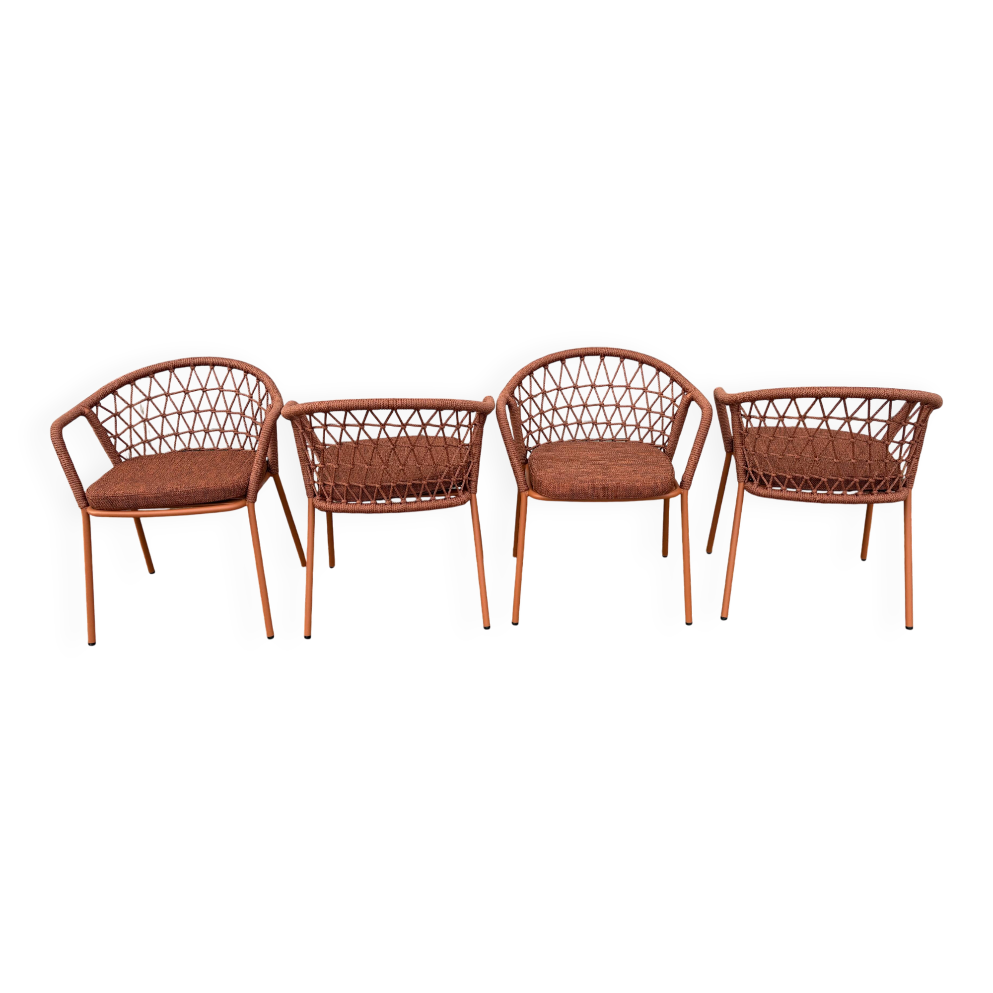 Set of 4 new Pedrali brand outdoor and indoor cordage armchairs with cushions