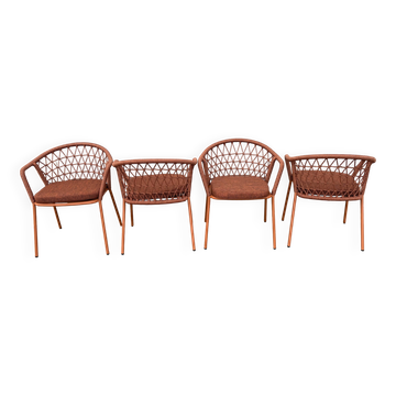 Set of 4 new Pedrali brand outdoor and indoor cordage armchairs with cushions
