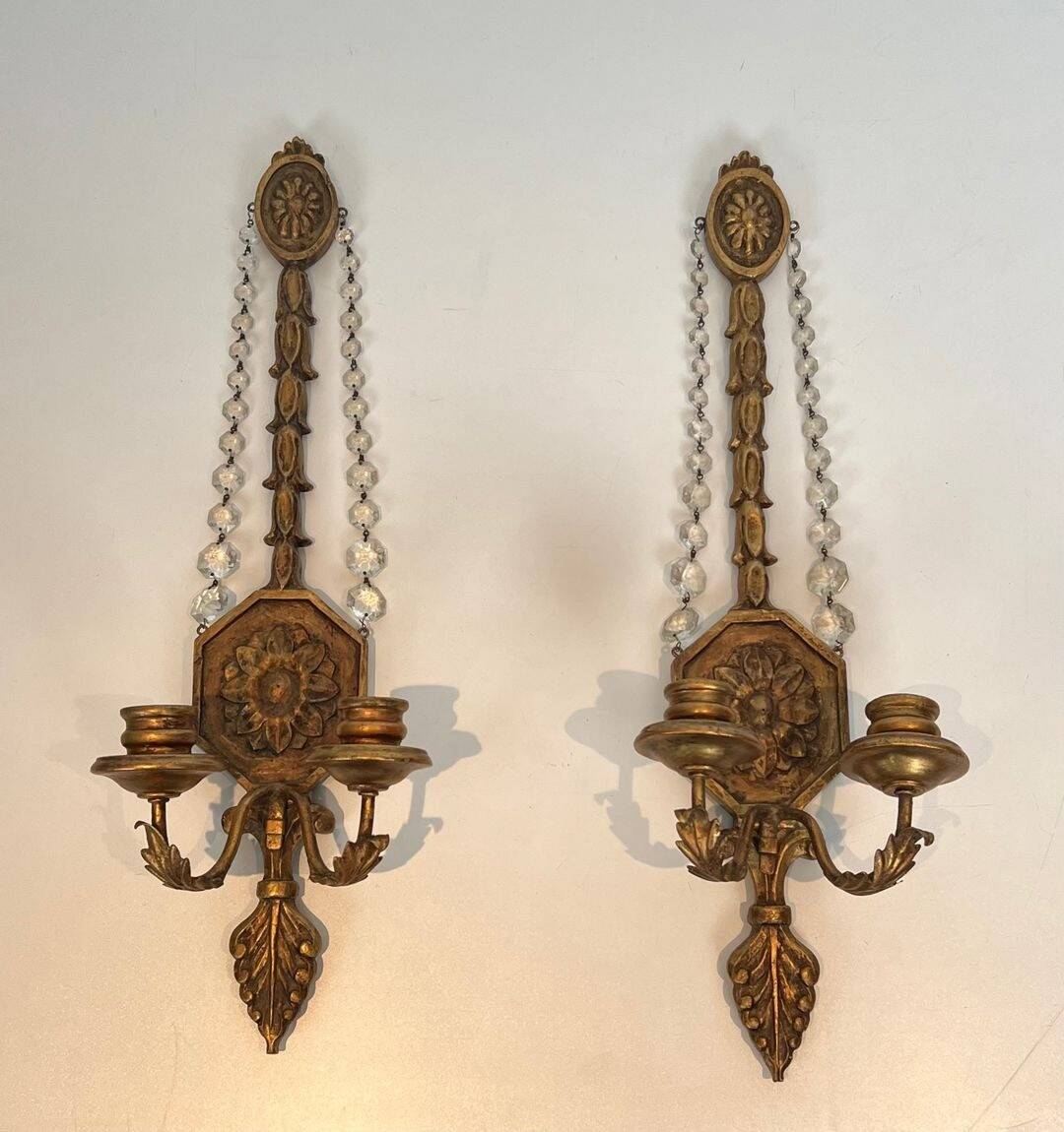 Important Pair of Gilded Carved Wood Wall Lights with Crystal Garlands