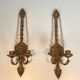 Important Pair of Gilded Carved Wood Wall Lights with Crystal Garlands