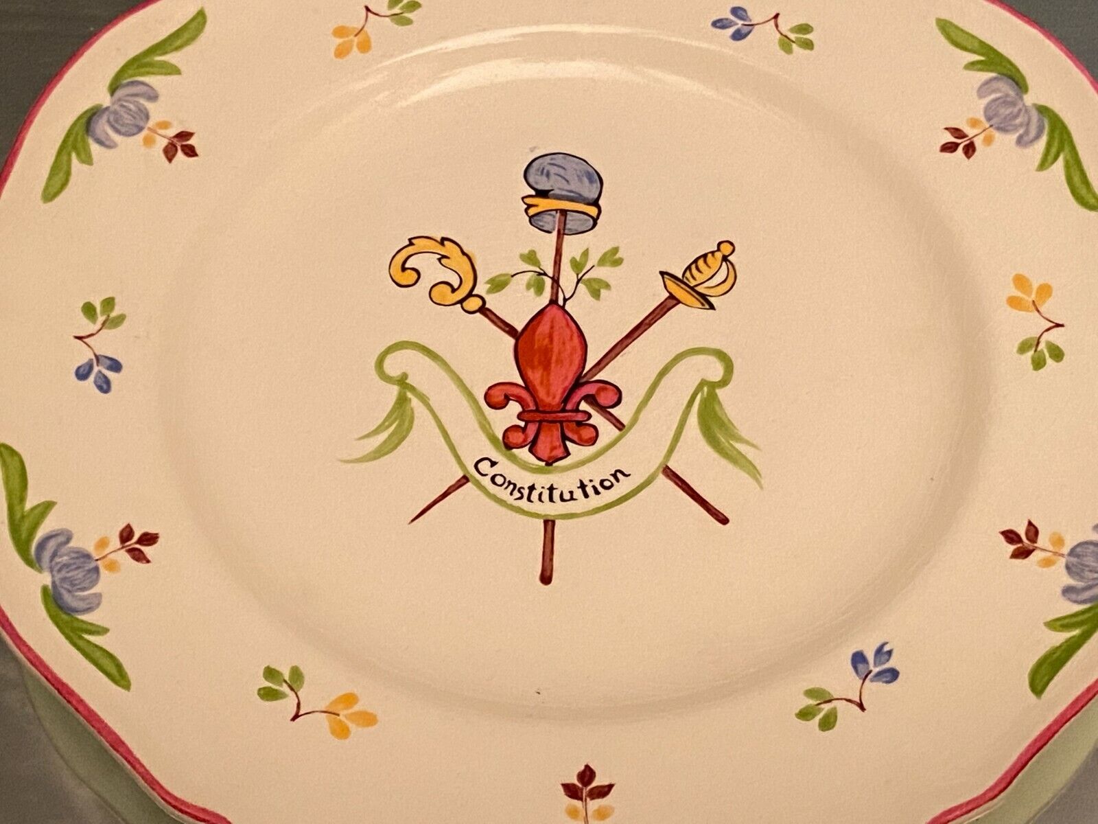 Flat earthenware Saint Amand style French Revolution A ça ira titled Constitution
