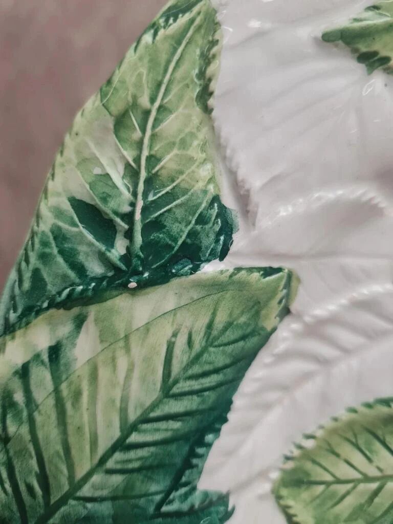 Vintage barbotine plate, plum decoration – relief foliage