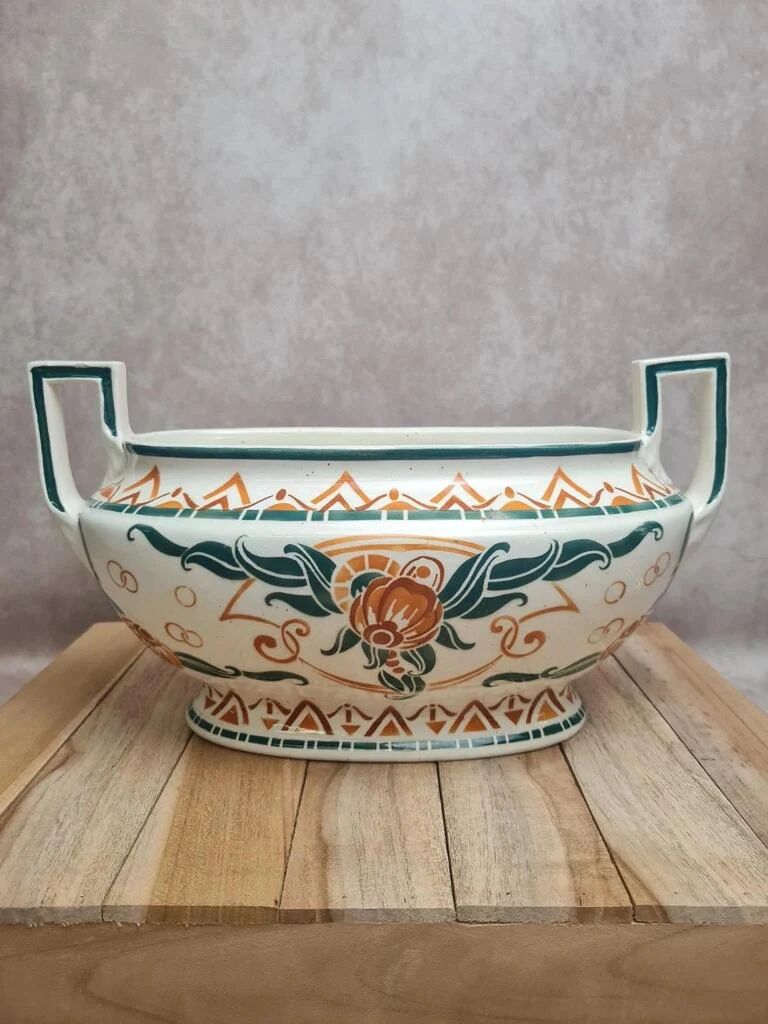 Art Deco Jardinière Moulin des Loups Orchies – stylised green & terracotta decoration – double handle