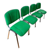 4 chaises de bureau vintage — tissu vert / pieds chromés — années 70/80
