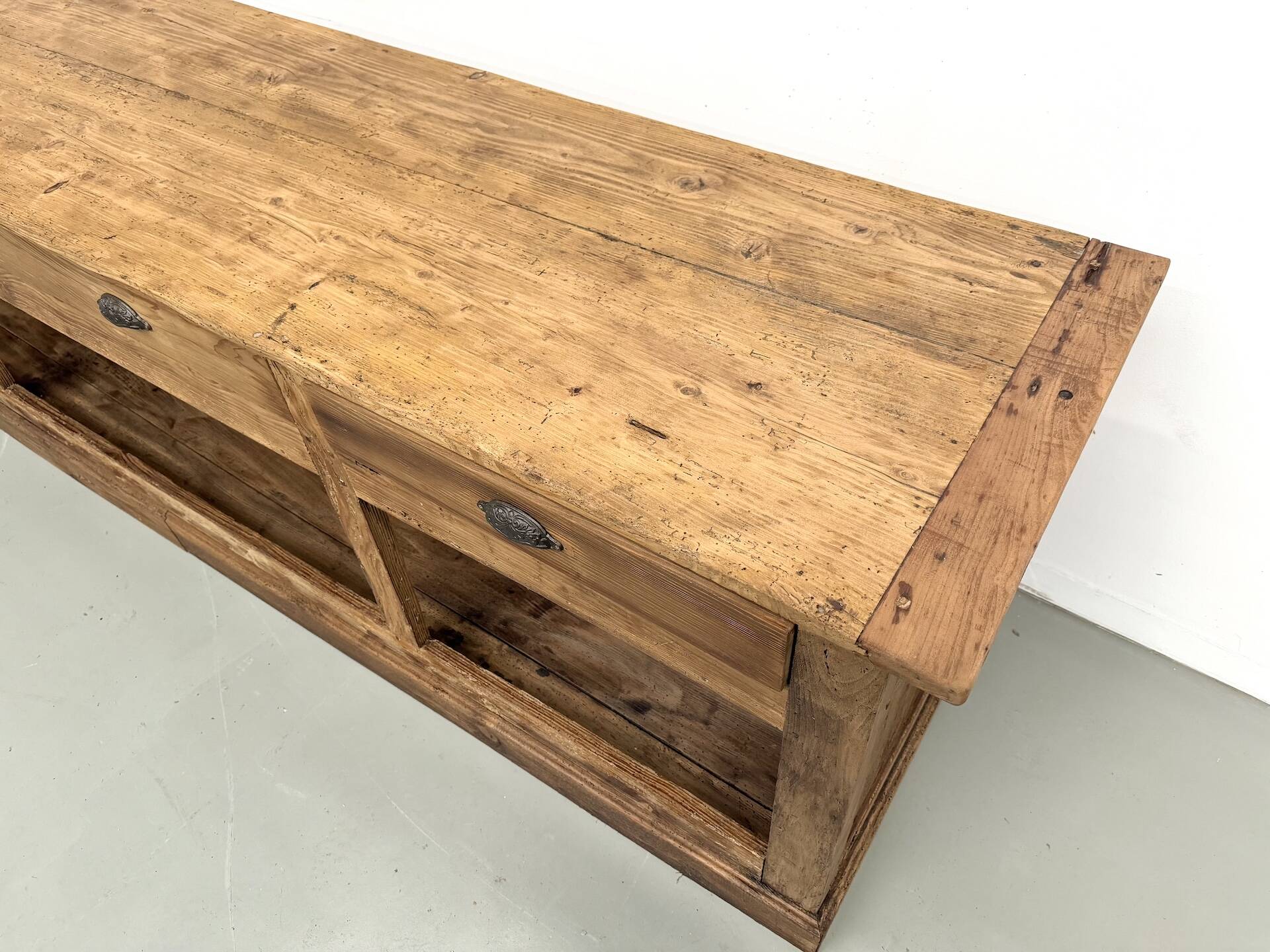 Very large pine trade counter, circa 1920.