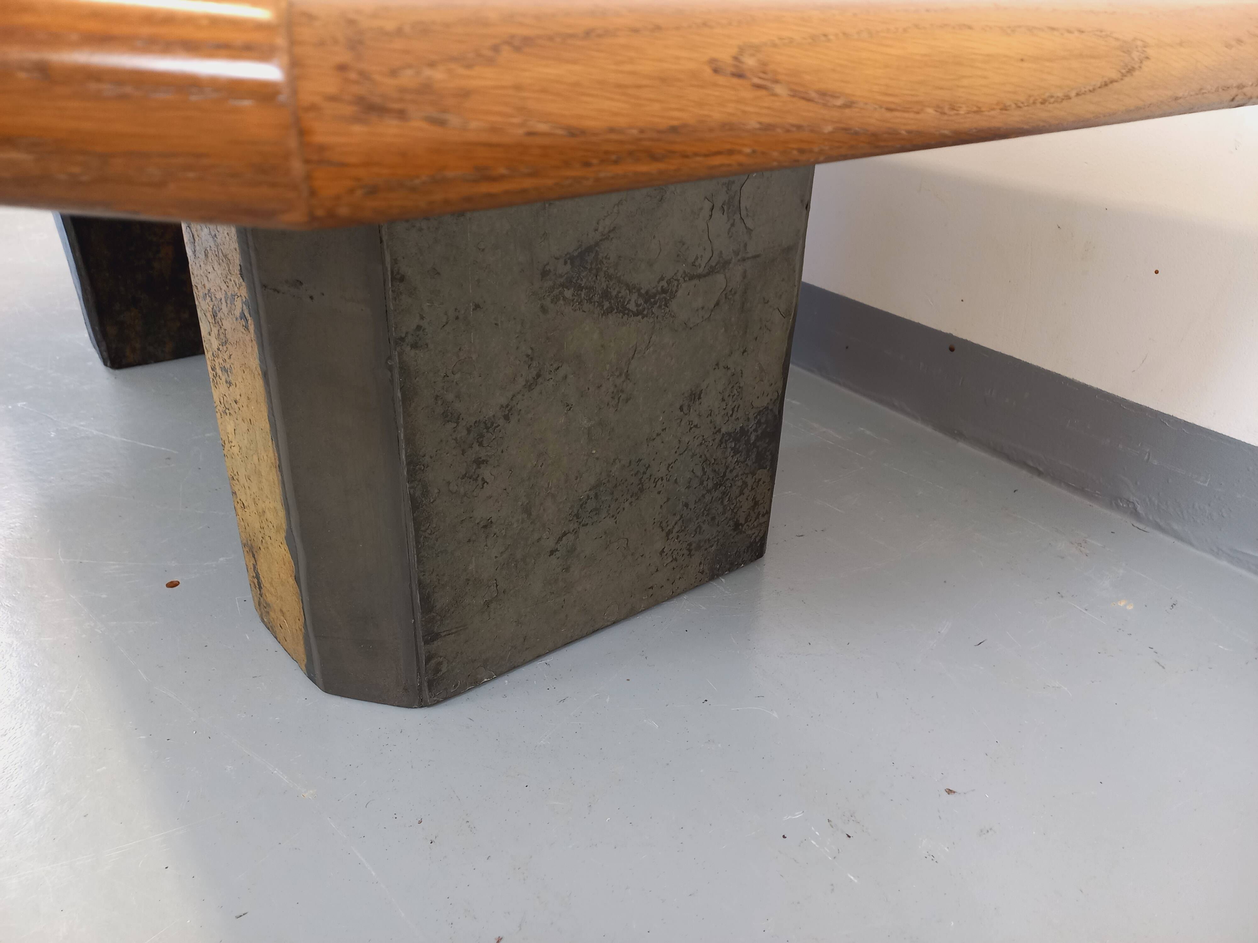 Vintage Brutalist Stone and Oak Coffee Table from the 70s 80s