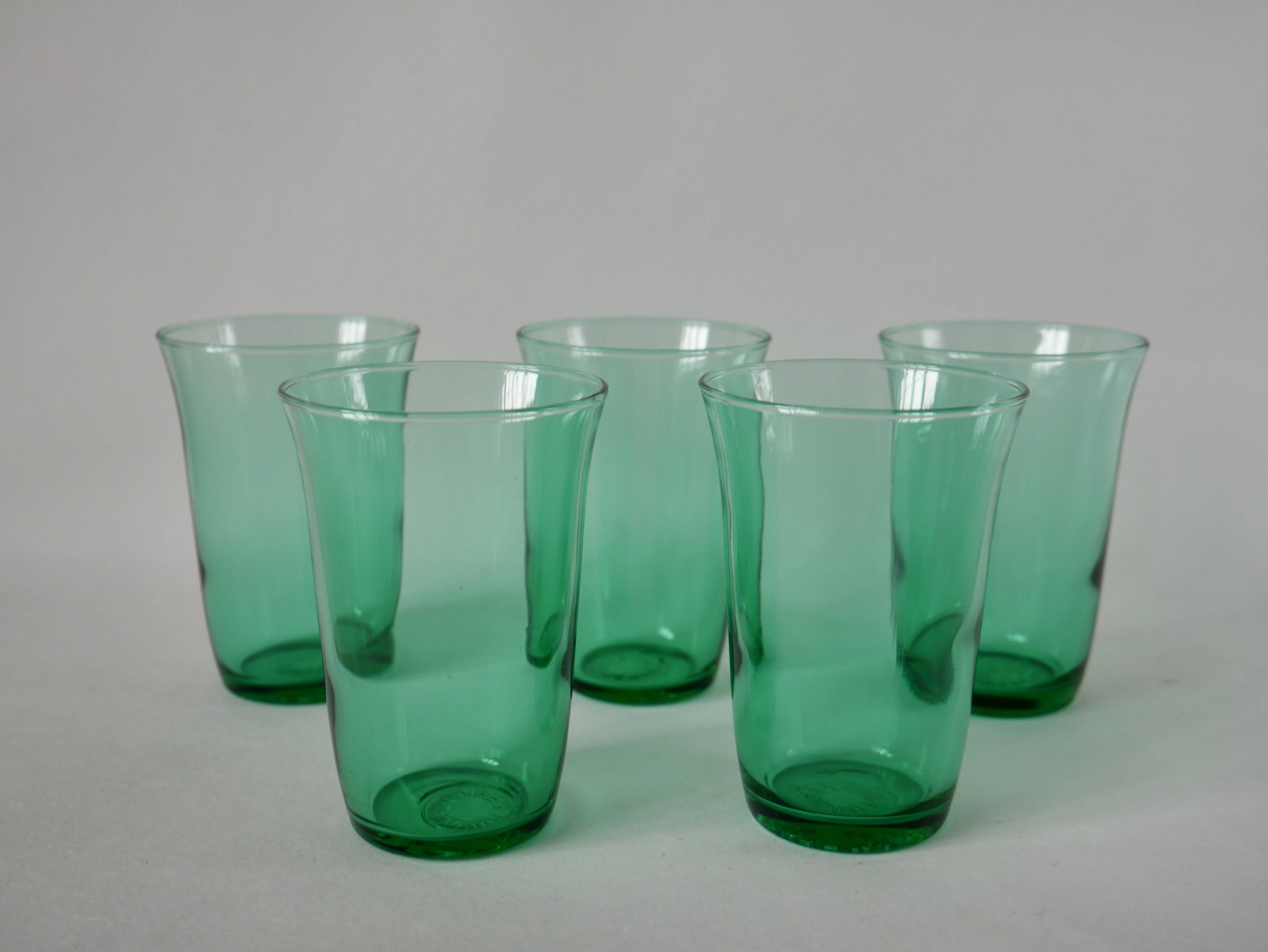 set of 5 green glass water glasses made in France 70s