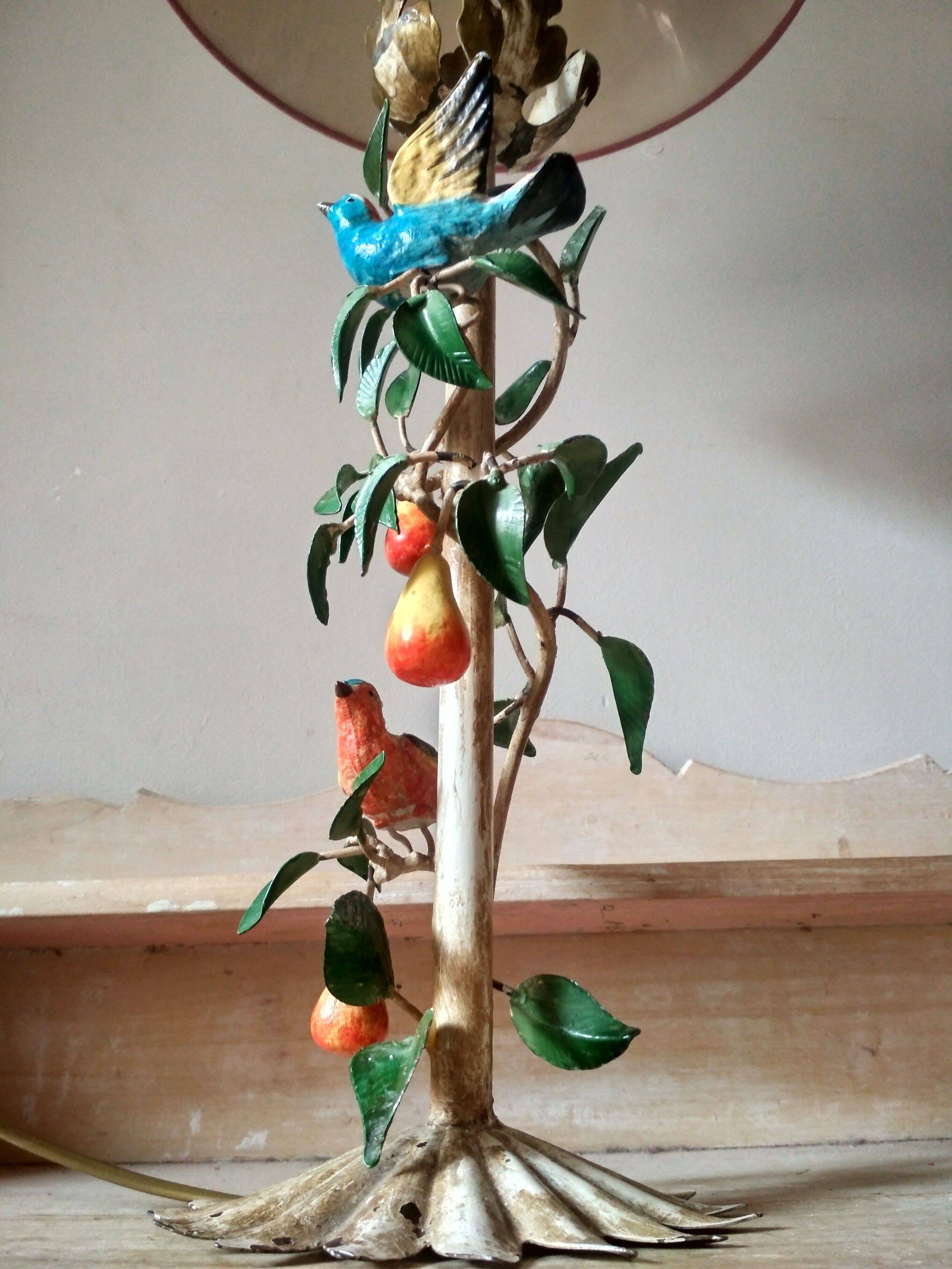 Painted metal candle holder lamp - wrought iron fruit and bird lamp base