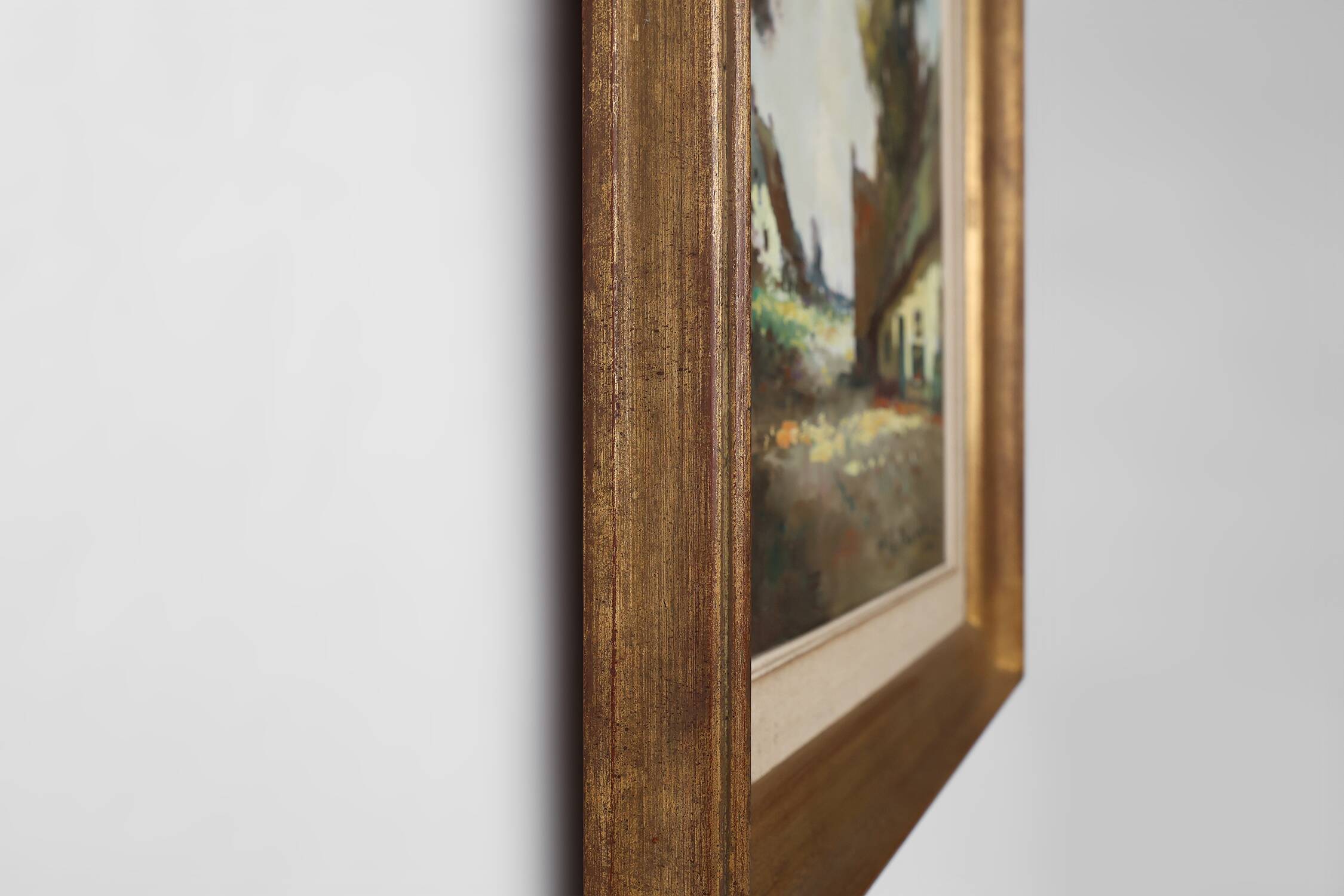 20th Century Belgian Painting of a farm scene with gilded wooden frame