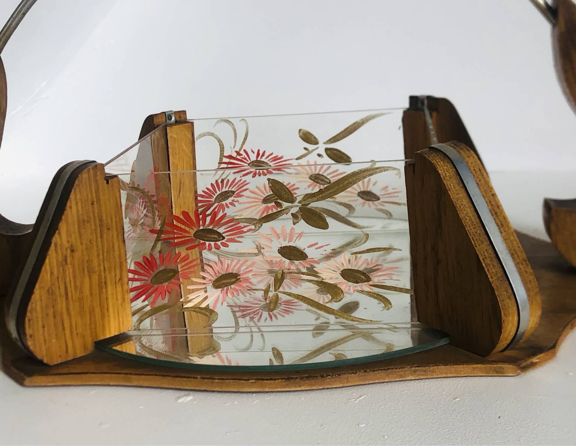 Vintage painted glass tray, wood and mirror