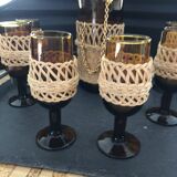 Aperitif service amber glass and vintage rattan