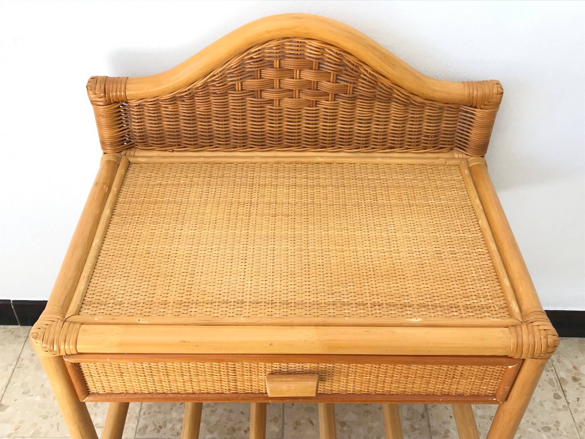 Vintage 80s rattan bedside table