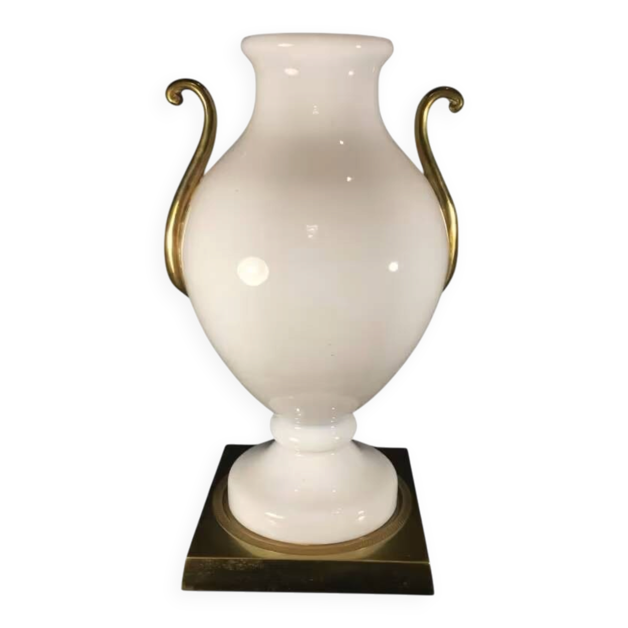 Venini Primavera in Murano, white opaline glass with gilded handles, bronze base.