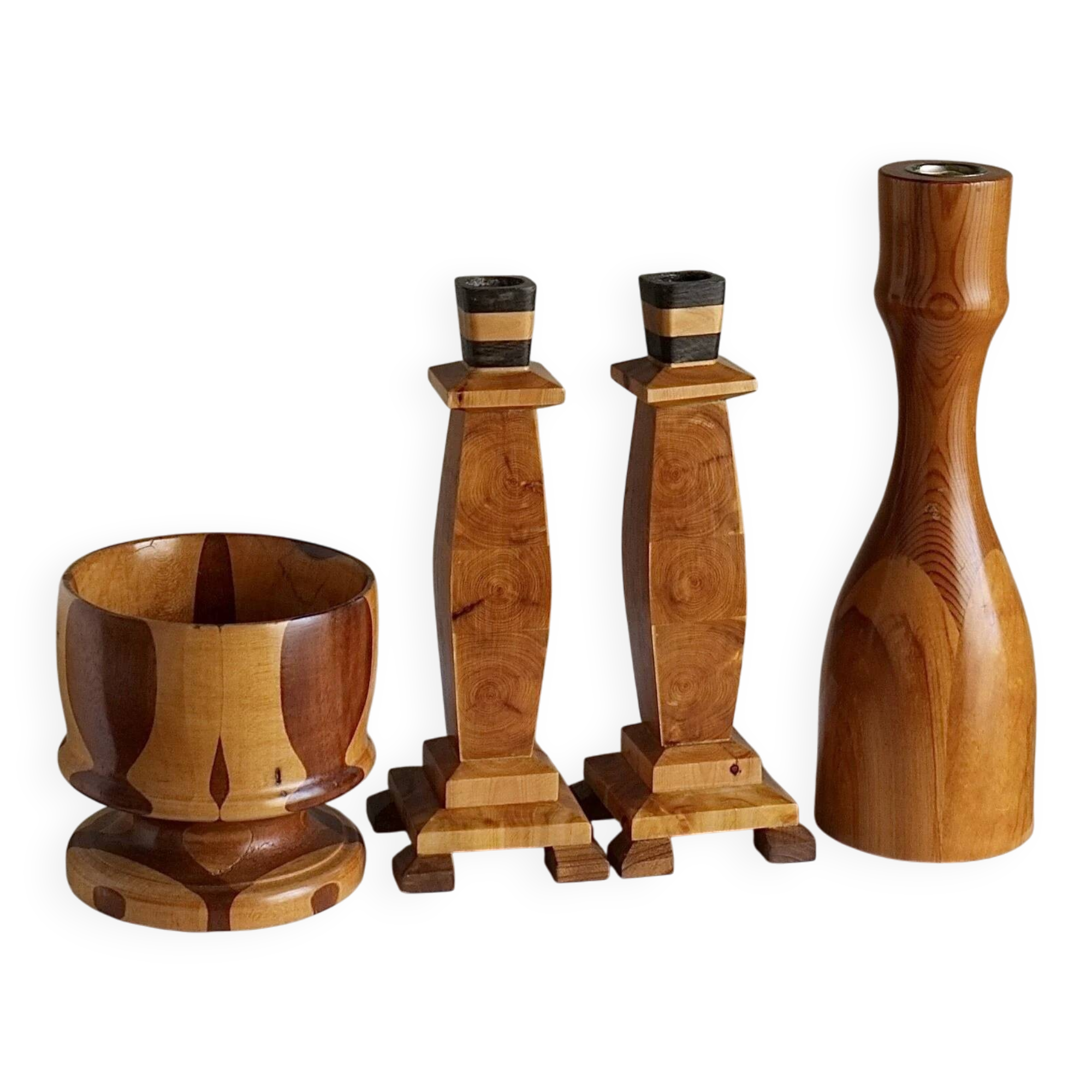 Carved wooden candle holders and bowl set | Sweden | 1970s