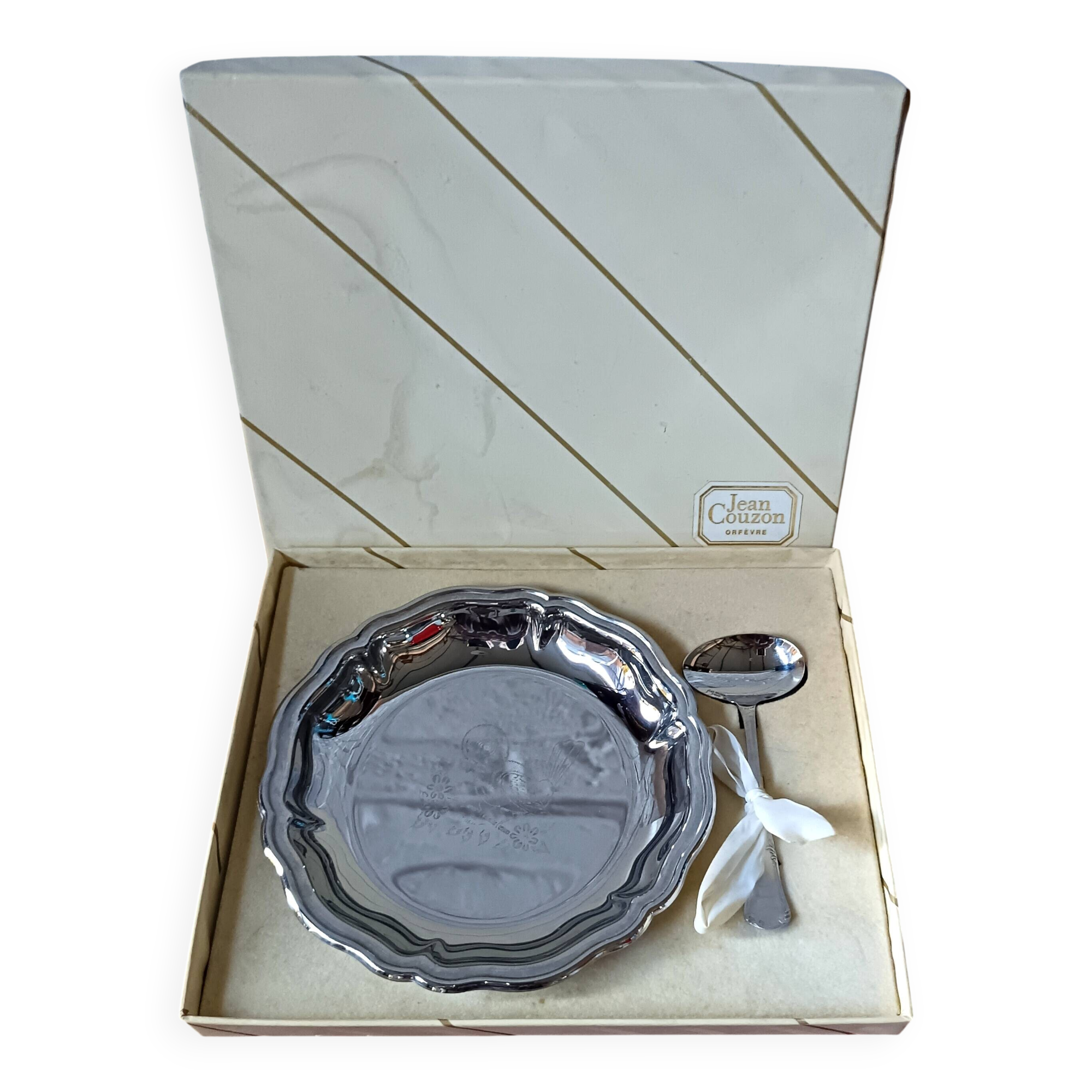 EARLY AGE baby stainless steel plate with spoon Jean Couzon Goldsmith