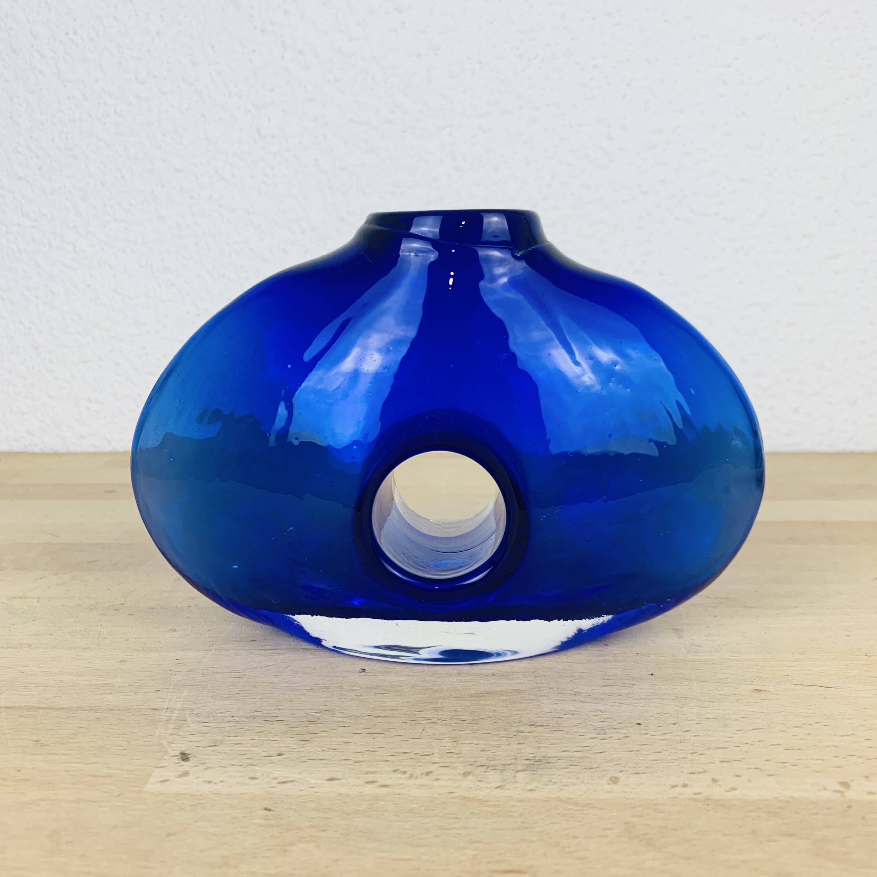 Blue blown glass lens vase