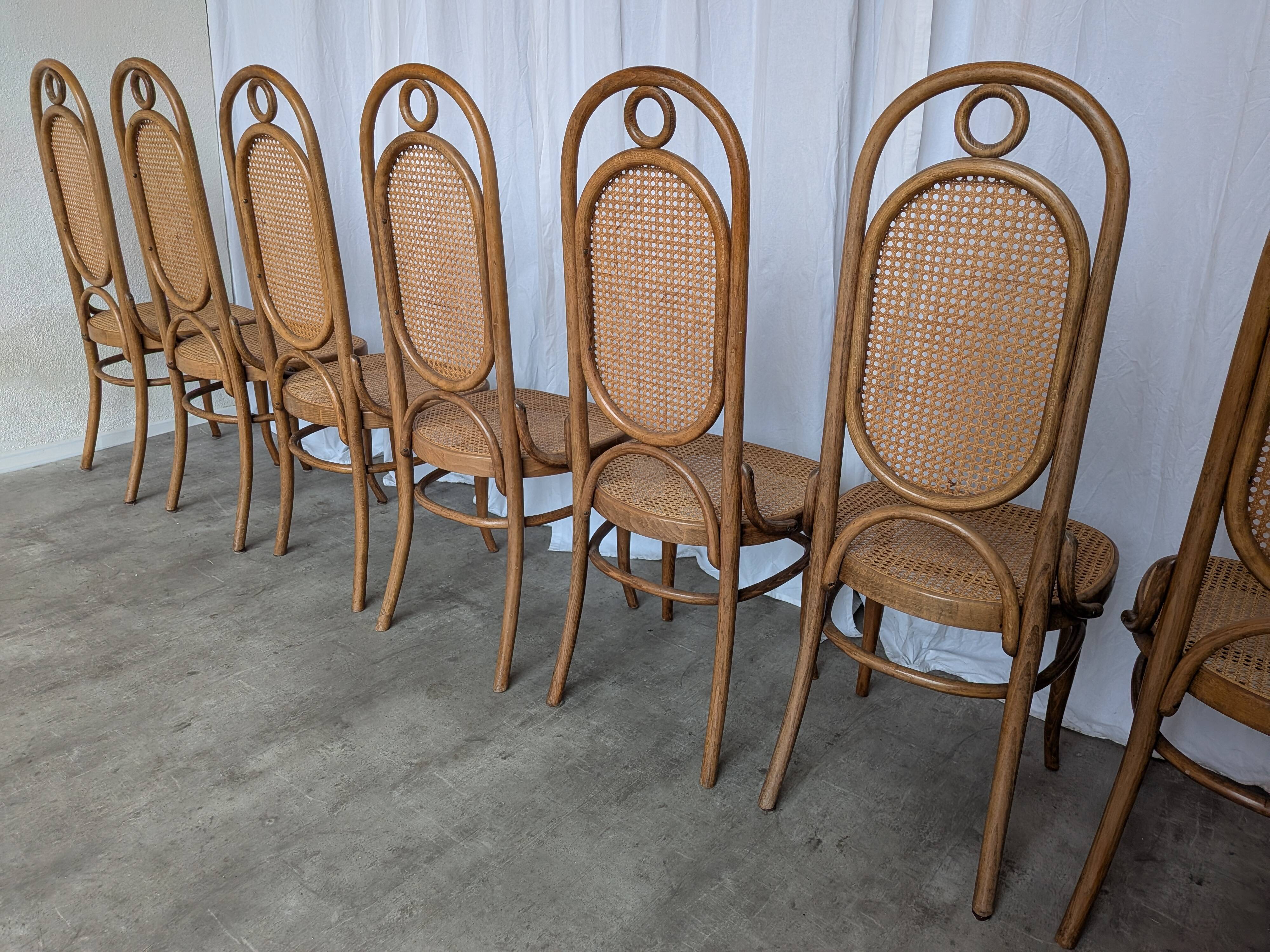 Set of 8 Vintage Bentwood Cane Dining Chair, Thonet Style, 1970s Yugoslavia