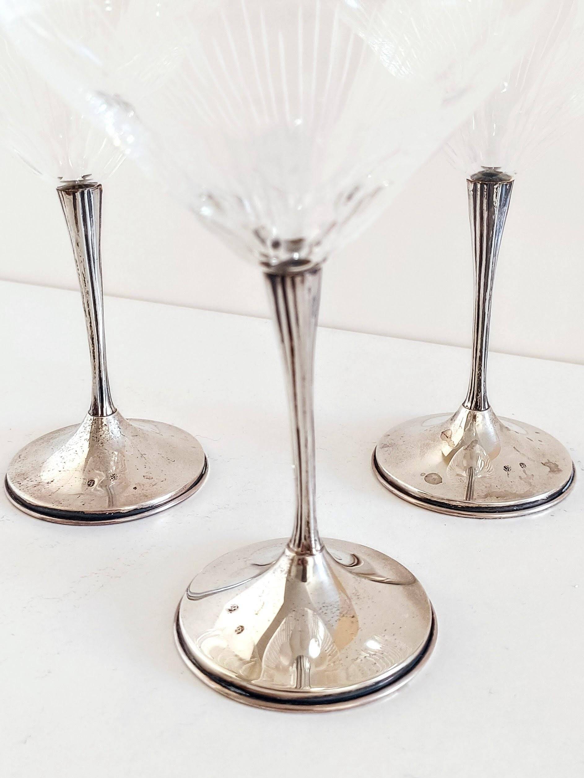 Art Deco Champagne Glasses Set of 3, Sterling Silver & Cut Glass