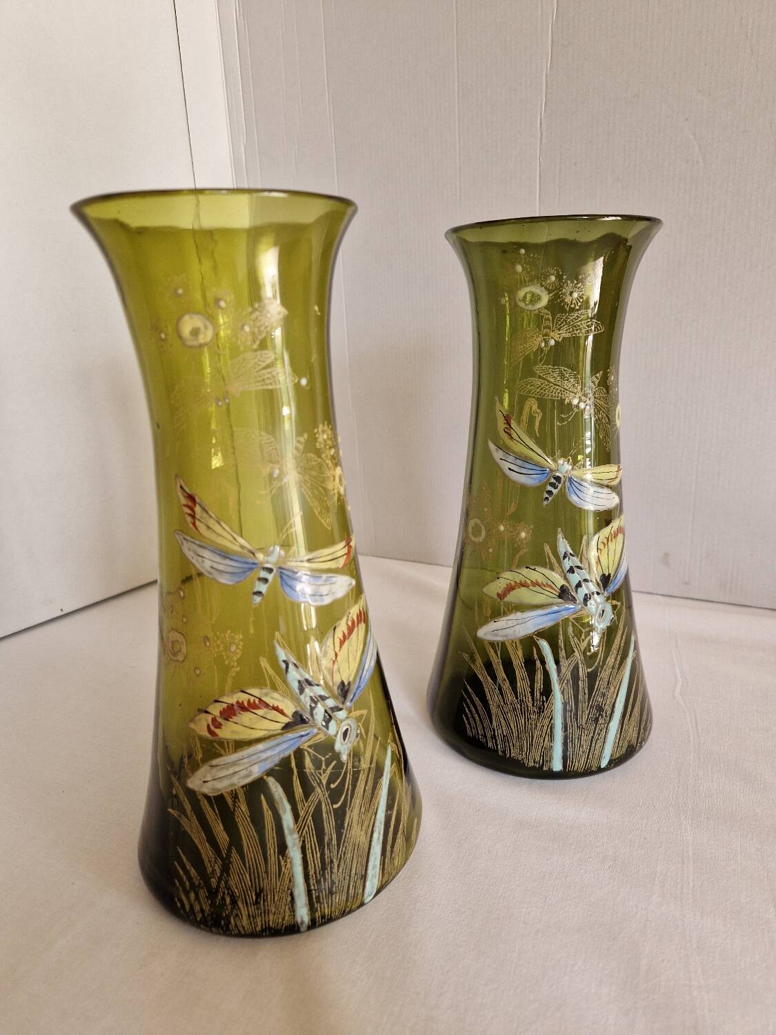 Pair of Enameled Glass Vases with Dragonflies. Unsigned Legras