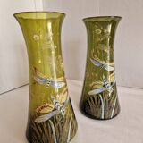 Pair of Enameled Glass Vases with Dragonflies. Unsigned Legras