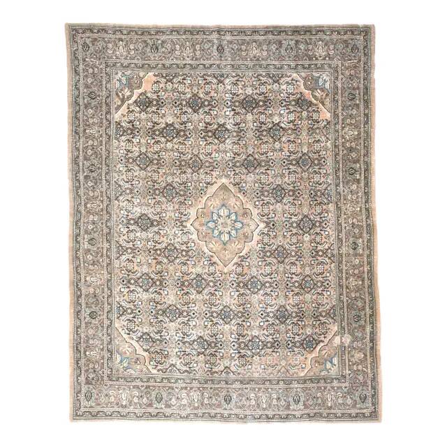 1970s Vintage Persian Handmade Wool Cotton Light Brown Area Rug 261x364