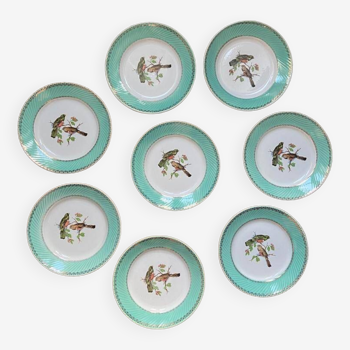 Set of 8 vintage L'Amandinoise flat plates, turuqoise edge bird pattern