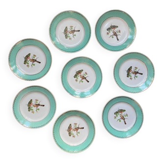 Lot de 8 assiettes plates l'Amandinoise vintage, bord turuqoise motif oiseaux