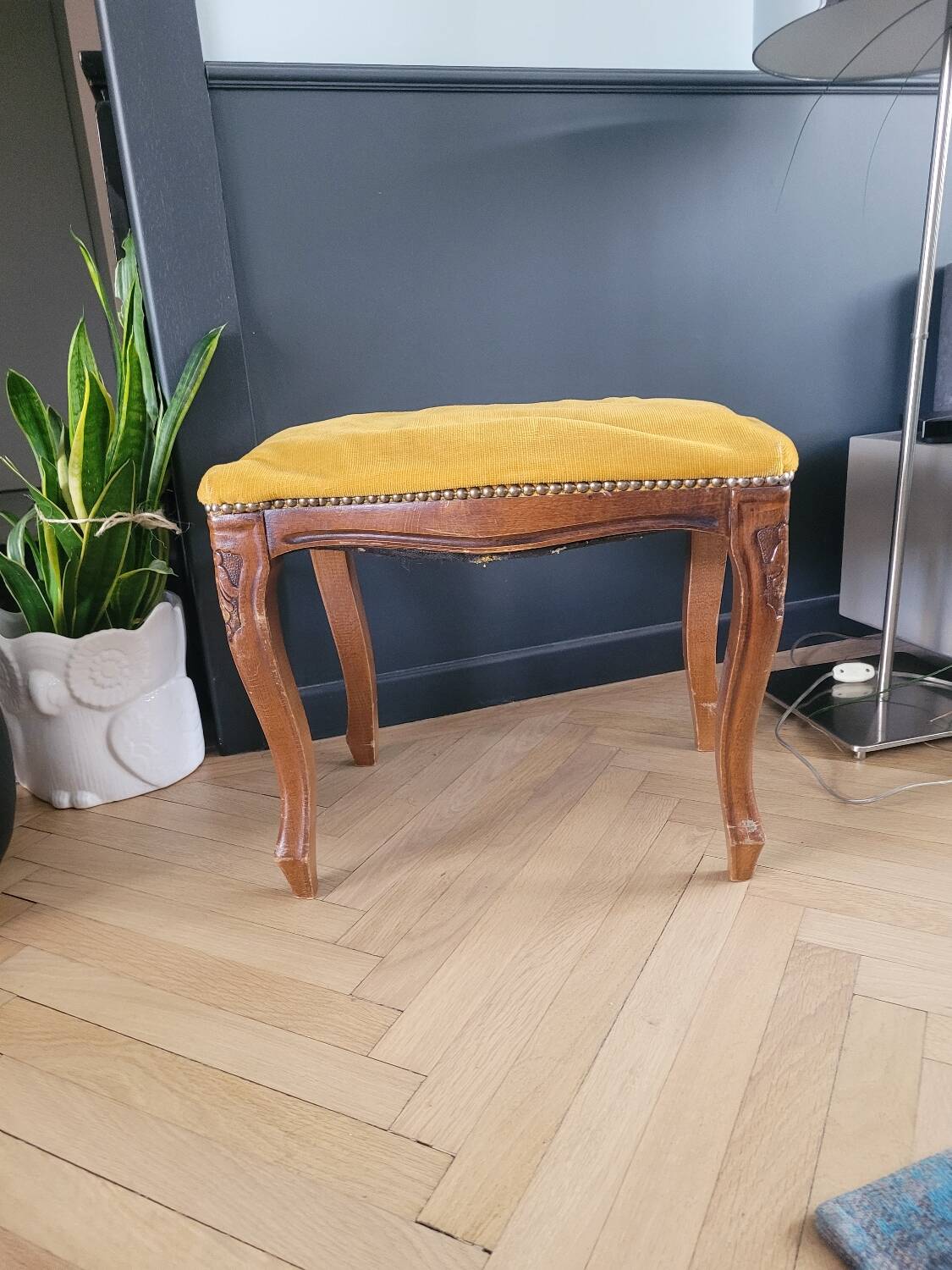 Antique wooden and velvet ottoman stool