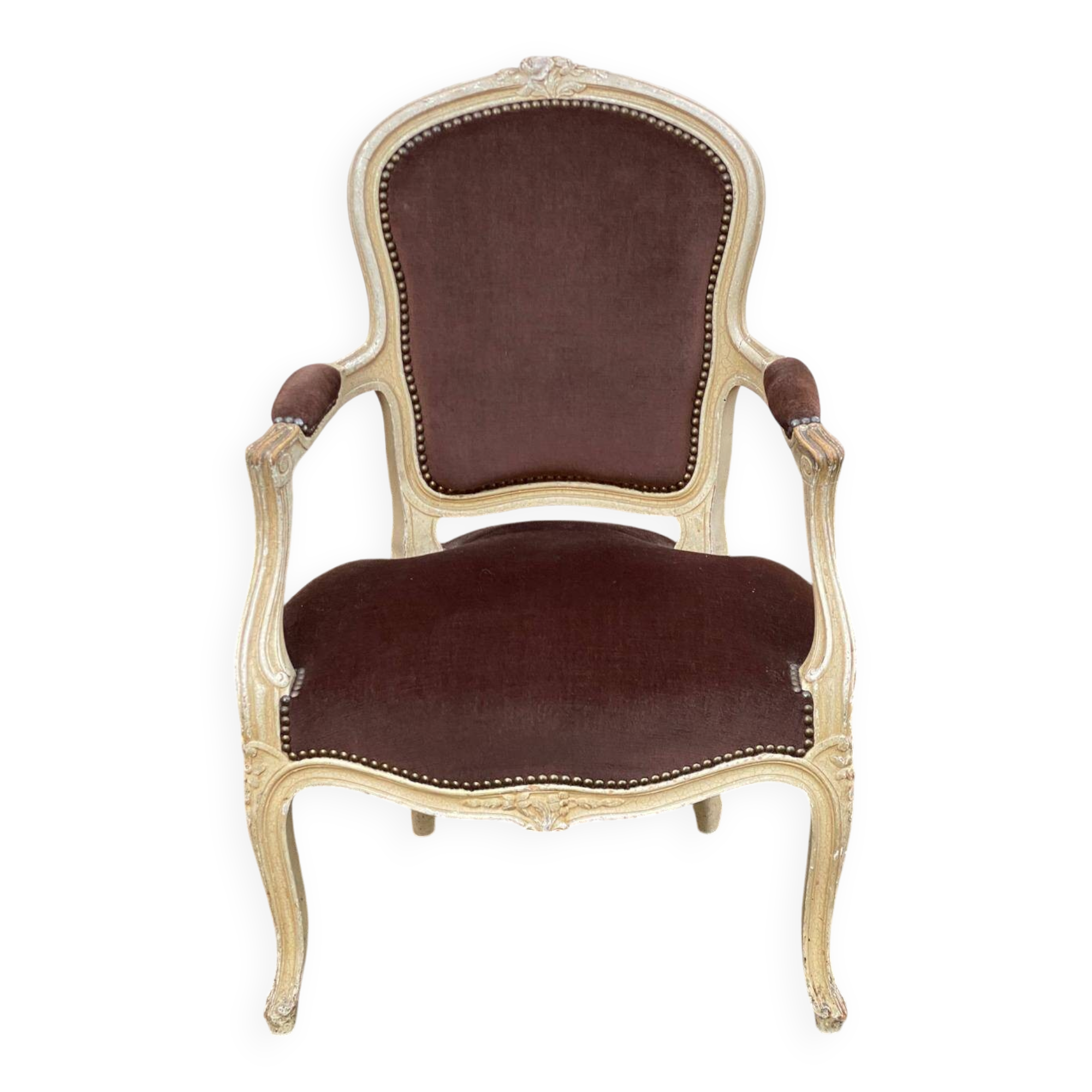 Louis XV cabriolet armchair in solid wood, beige and velvet fabric.