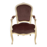 Louis XV cabriolet armchair in solid wood, beige and velvet fabric.