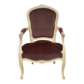 Fauteuil cabriolet Louis XV en bois massif beige et tissu velours