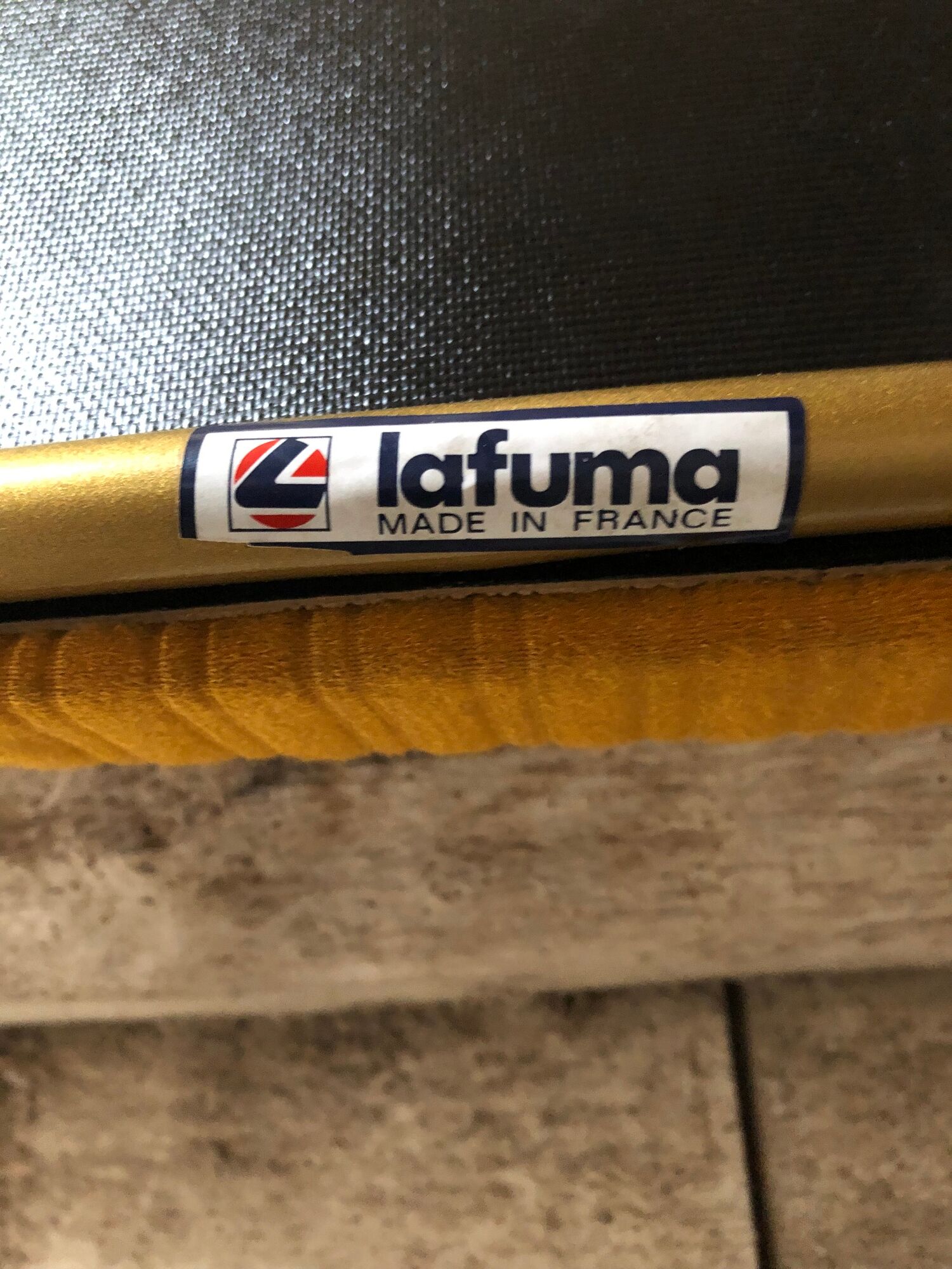 Pair old folding chair lafuma golden metal & vintage yellow fabric