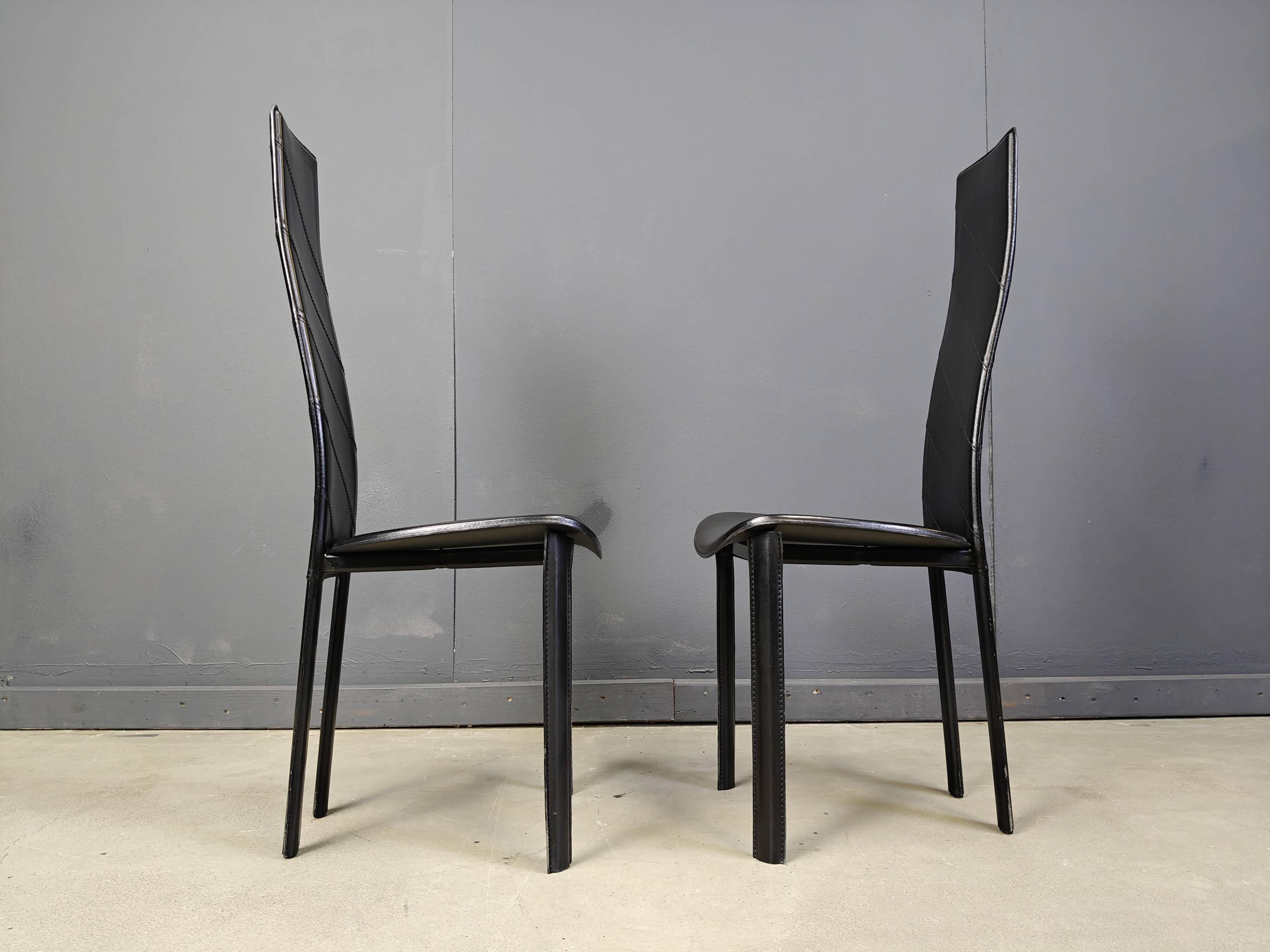 Chaises de salle à manger vintage en cuir noir à dossier haut, lot de 6, années 1980