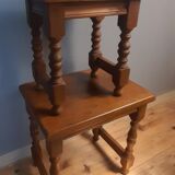 2 solid wood trundle tables, turned legs 80
