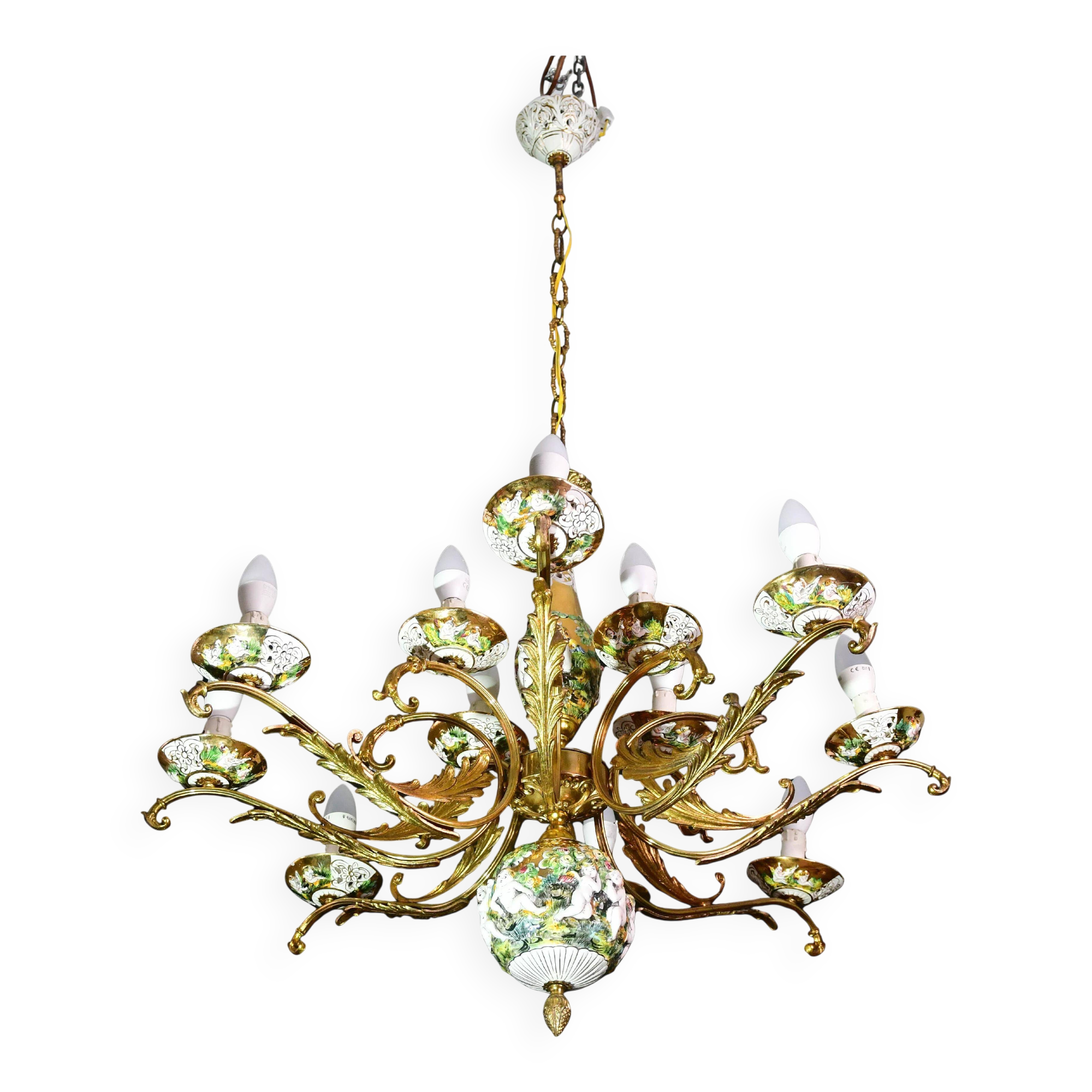 Manila, large size 12 light Italian vintage ceramic chandelier, 1960